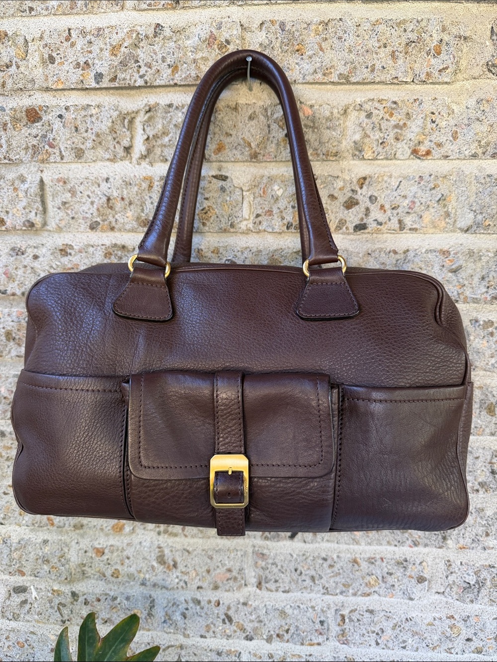 Vintage Max Mara Italy Brown Pebbled Leather Bowler Satchel Bag